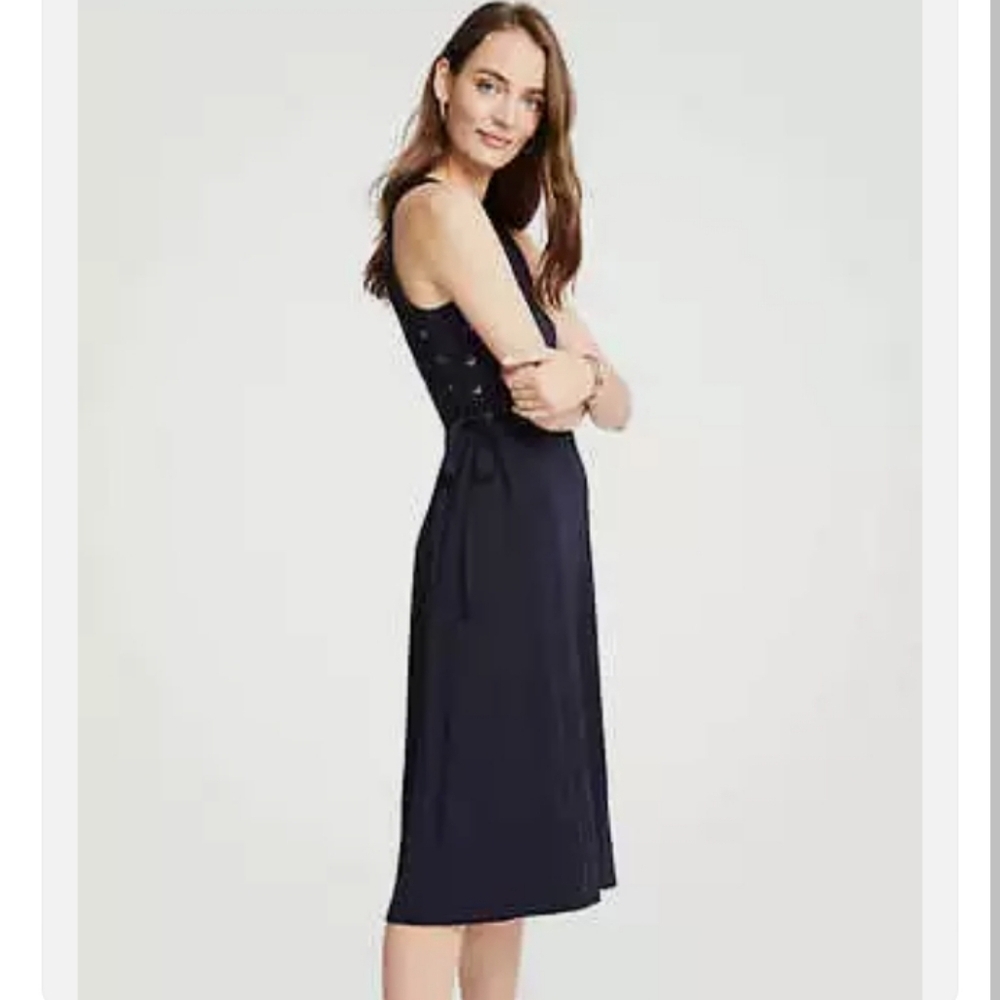Ann Taylor Nautical Navy Coastal Flowy Side Laced Flare Midi Dress